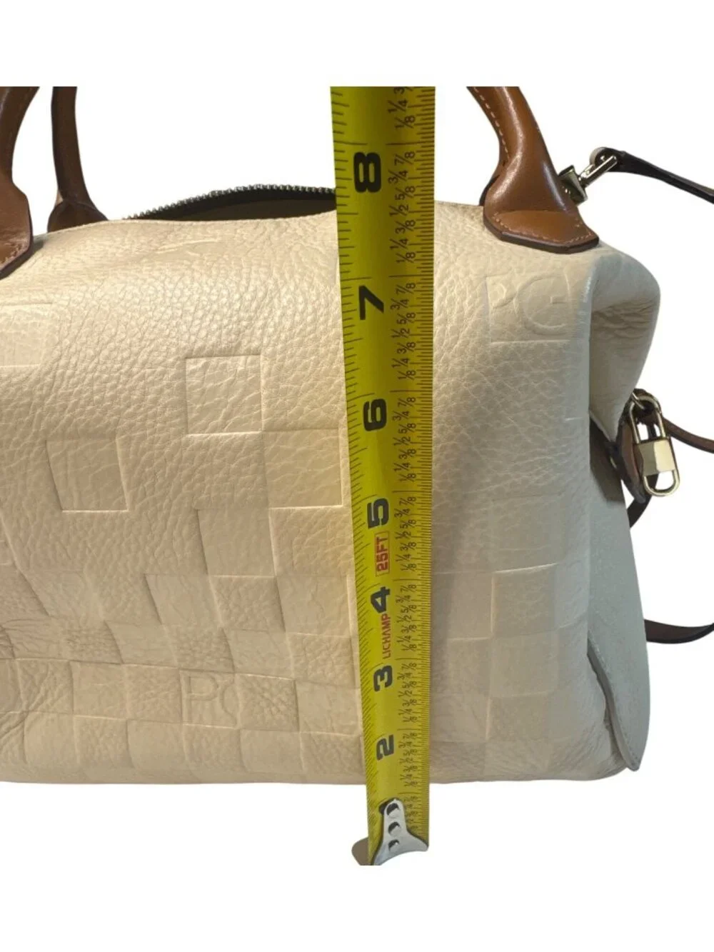 Purificación García Beige Checker Emossed Leather Satchel W/Brown Handles/Strap